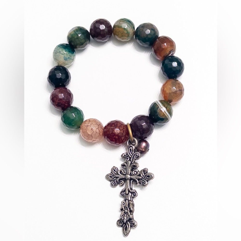 Multi Stone Beaded Bracelet with Cross Charm NWOT
